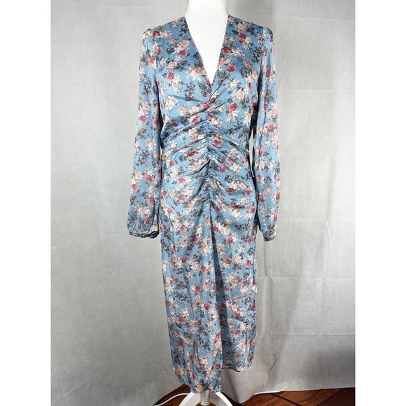 NSR Heidi Rouched Slit Front Floral Sky Midi Dress Size Large - Picture 3 of 12